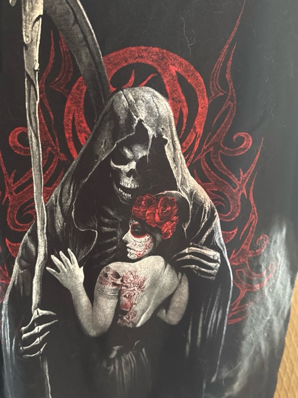 Black Graphic Mens’Tee with Red Accent - Day of the Dead Grim Reaper Design